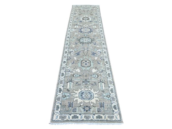 2'7"x10'8" Spanish Gray, Peshawar with Heriz All Over Design, Hand Knotted, High Mountain Wool, Densely Woven, Runner, Oriental Rug HR22828