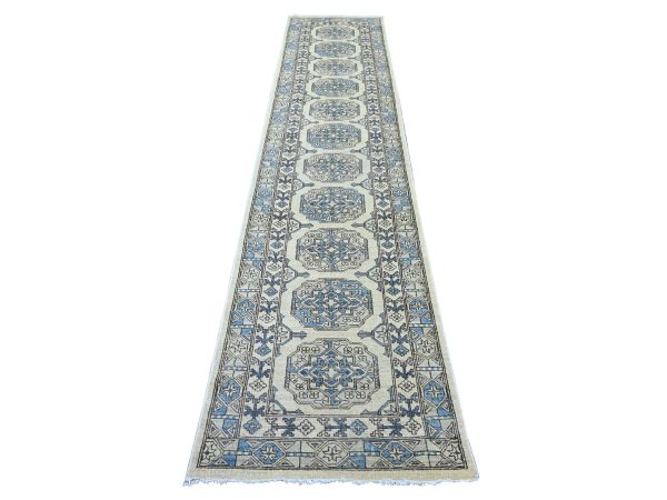 2'6"x11'8" Pearl White, Hand Knotted, Afghan Ersari with Elephant Feet Design, Natural Dyes, Denser Weave, Pure Wool, Runner, Oriental Rug HR22835