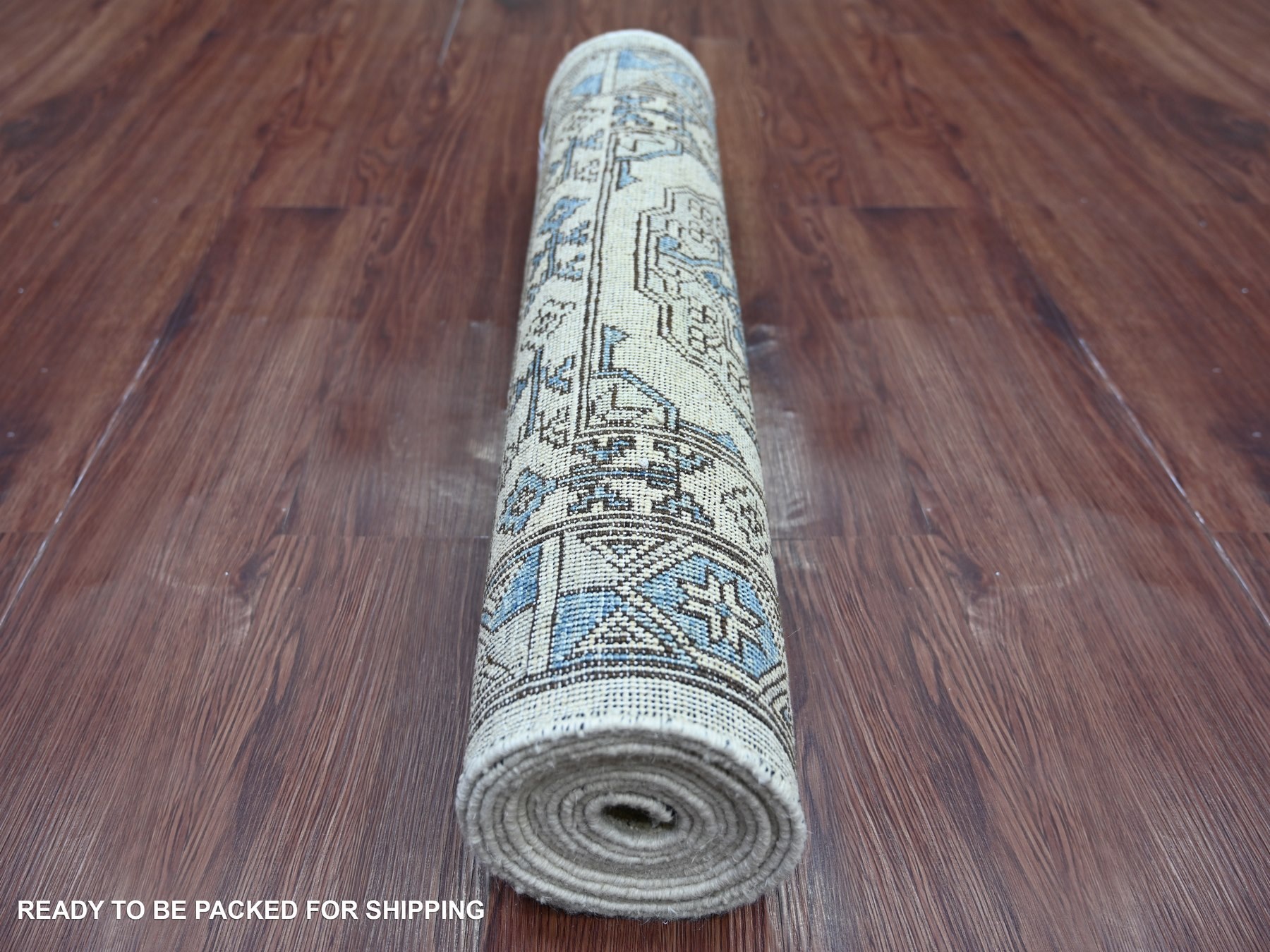 2'6"x11'8" Pearl White, Hand Knotted, Afghan Ersari with Elephant Feet Design, Natural Dyes, Denser Weave, Pure Wool, Runner, Oriental Rug HR22835 - Image 4
