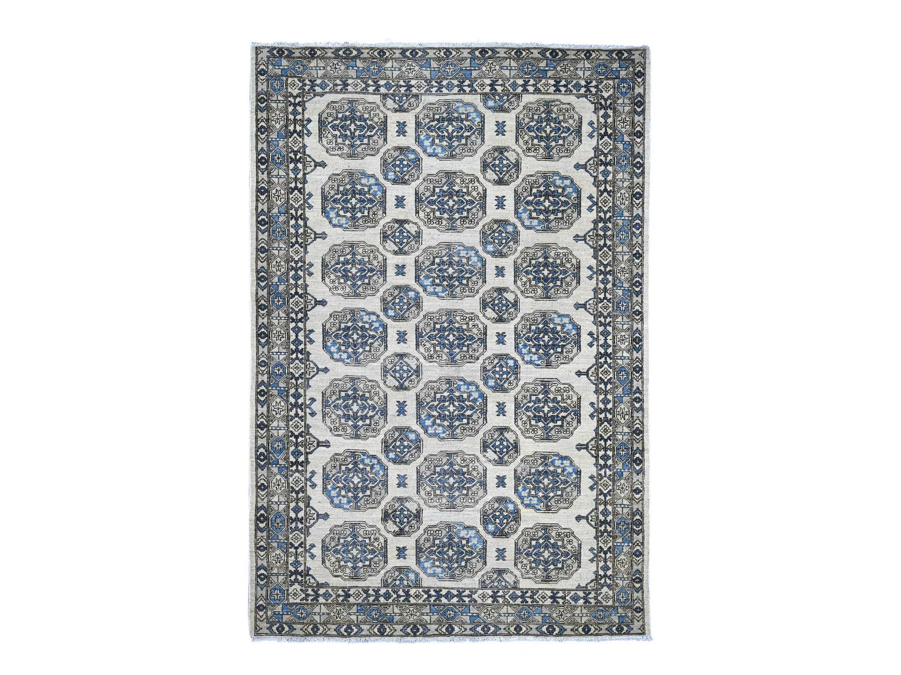 6'x8'9" Pearl White, Afghan Ersari with Elephant Feet Design, Hand Knotted, Natural Dyes, Denser Weave, Pure Wool, Oriental Rug HR22837