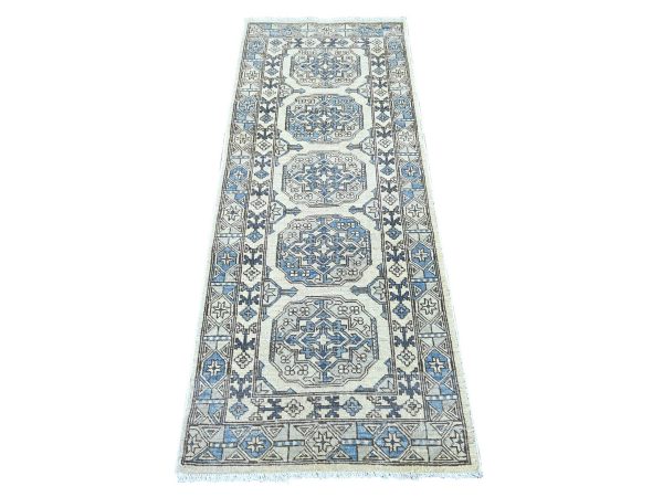 2'5"x6'1" Pearl White, Hand Knotted, Afghan Ersari with Elephant Feet Design, Natural Dyes, Denser Weave, Pure Wool, Runner, Oriental Rug HR22838