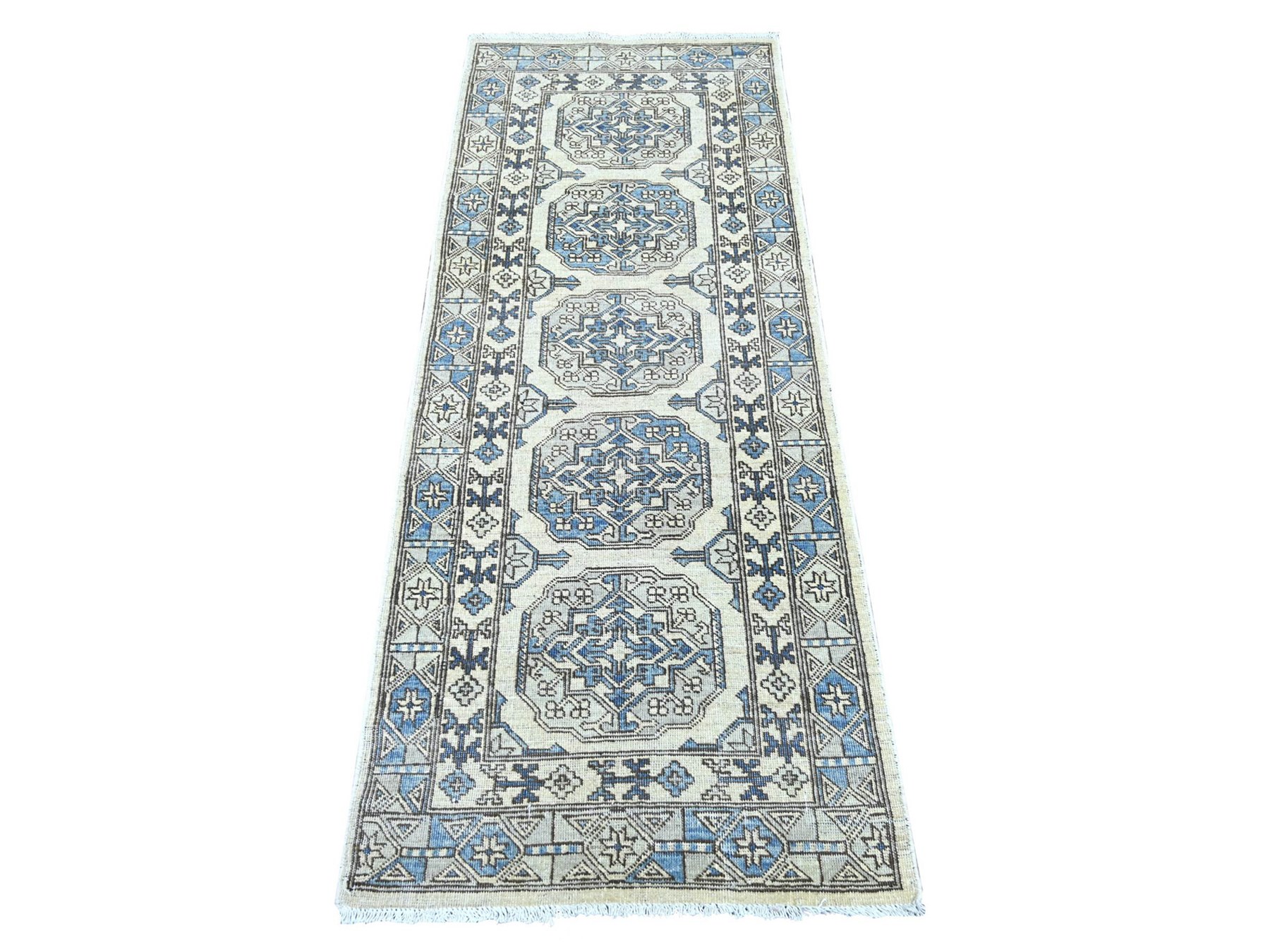 2'5"x6'1" Pearl White, Hand Knotted, Afghan Ersari with Elephant Feet Design, Natural Dyes, Denser Weave, Pure Wool, Runner, Oriental Rug HR22838