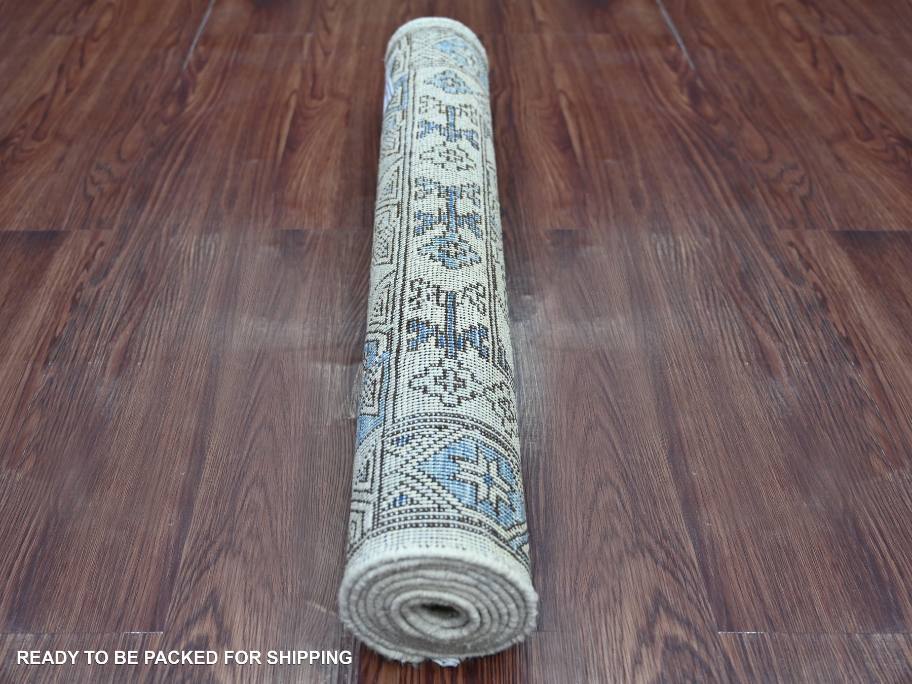 2'5"x6'1" Pearl White, Hand Knotted, Afghan Ersari with Elephant Feet Design, Natural Dyes, Denser Weave, Pure Wool, Runner, Oriental Rug HR22838 - Image 4