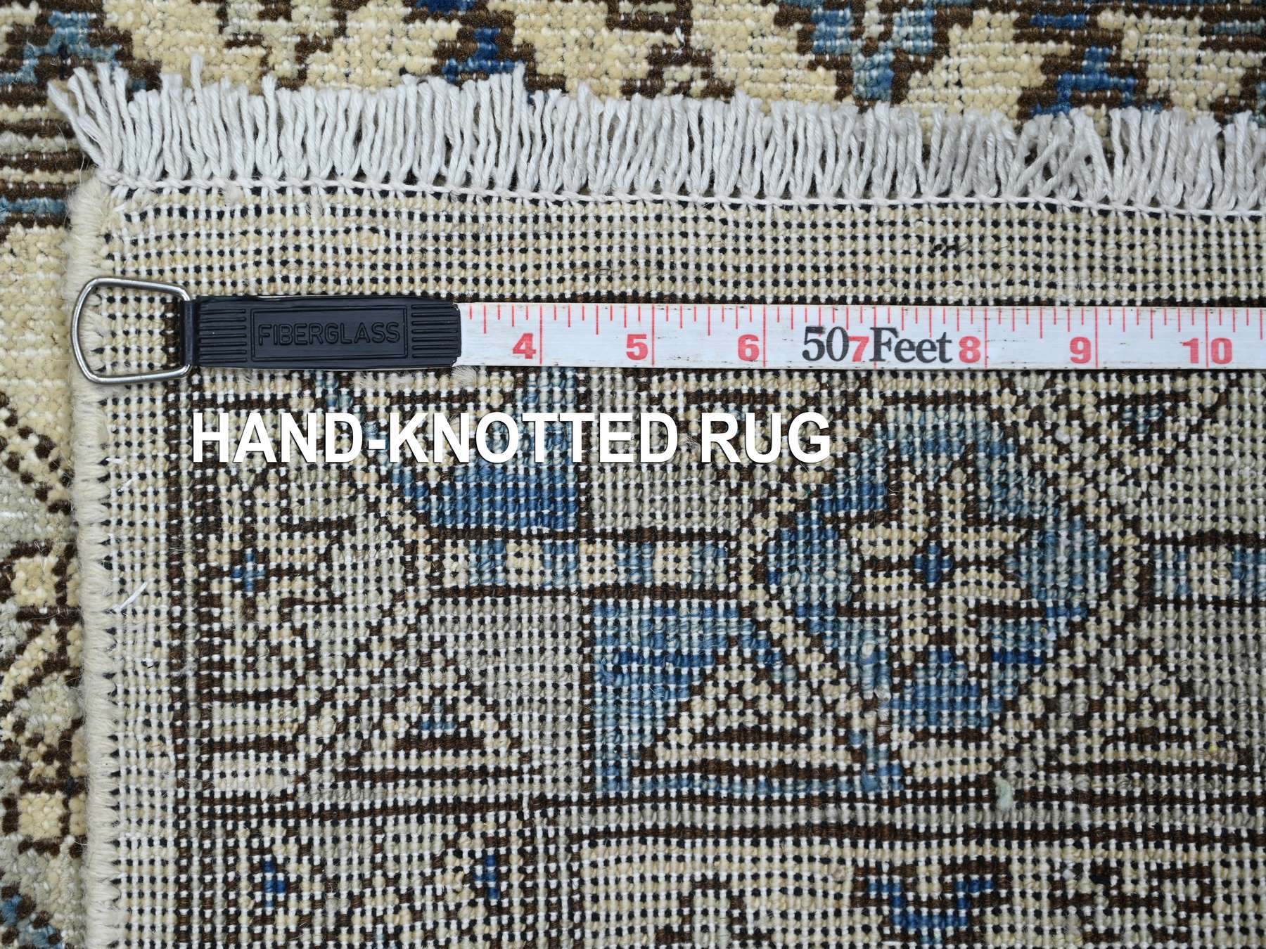 2'5"x6'1" Pearl White, Hand Knotted, Afghan Ersari with Elephant Feet Design, Natural Dyes, Denser Weave, Pure Wool, Runner, Oriental Rug HR22838 - Image 6