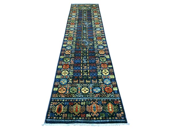 2'9"x11'9" Yale Blue, Hand Knotted, Afghan Ersari with Hutchlu Design, Reimagined, Vegetable Dyes, Denser Weave, Soft Wool, Runner, Oriental Rug HR22839