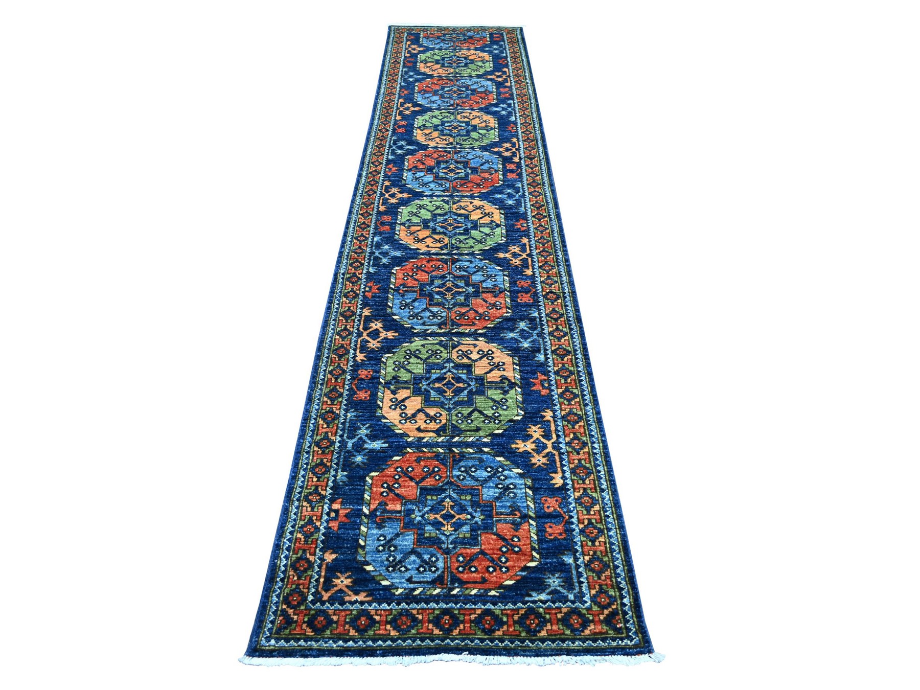 2'7"x12' Yale Blue, Afghan Ersari with Elephant Feet Design, Hand Knotted, Natural Dyes, Denser Weave, Pure Wool, Runner, Oriental Rug HR22840