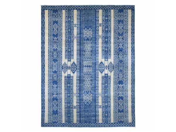 8'9"x11'6" Bayern Blue, Moroccan Berber Influence with Geometric Pattern, High Mountain Wool, Denser Weave, Hand Knotted, Oriental Rug HR22844