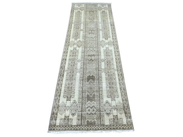 2'5"x7'6" Mocha Brown, Moroccan Berber Influence with Geometric Pattern, High Mountain Wool, Denser Weave, Hand Knotted, Runner, Oriental Rug HR22845