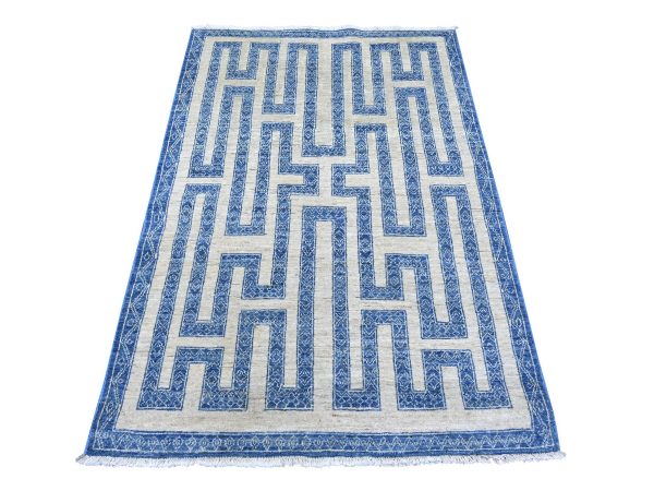 4'x5'9" Bayern Blue, Fine Peshawar with Intricate Geometric Motifs Maze Design, Dense Weave, Soft and Shiny Wool, Hand Knotted, Oriental Rug HR22846