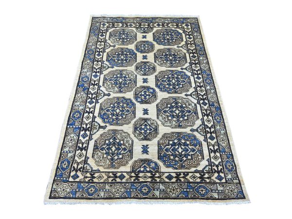 4'x6' Pearl White, Hand Knotted, Afghan Ersari with Elephant Feet Design, Natural Dyes, Denser Weave, Pure Wool, Oriental Rug HR22937