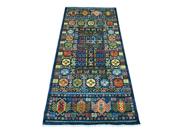 3'x6'3" Yale Blue, Hand Knotted, Afghan Ersari with Hutchlu Design, Reimagined, Vegetable Dyes, Denser Weave, Soft Wool, Runner, Oriental Rug HR22938