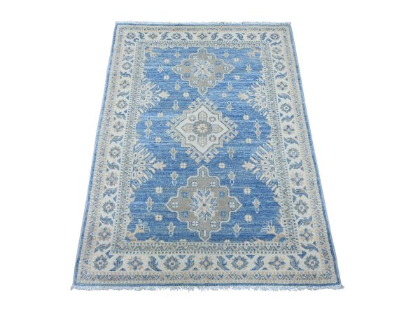 3'4"x4'6" Marlin Blue, Vintage Look Kazak with Geometric Medallions, Hand Knotted, 100% Wool, Natural Dyes, Oriental Rug HR22970