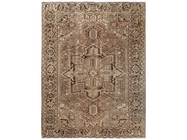 8'4"x11'3" Burro Brown, Vintage and Worn, Persian Heriz with Geometric Medallion Design, Shaved Down, Sides and Ends Professionally Secured, Clean, Hand Knotted, 100% Wool, Oriental Rug HR2343