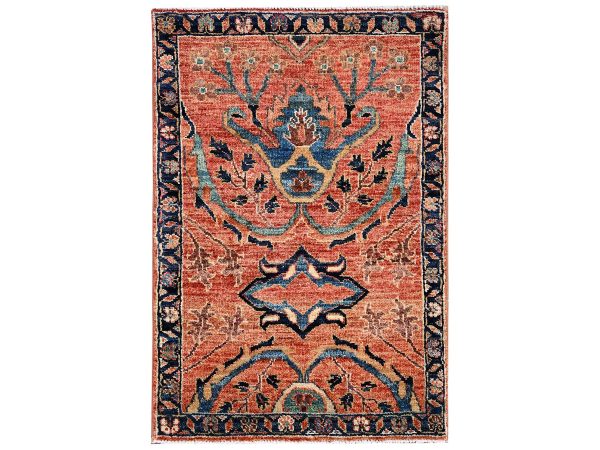 2'1"x3'1" Coral Red, Aryana Collection, Heriz All Over Design, Vegetable Dyes, Soft Pile, High Mountain Wool, Hand Knotted, Densely Woven, Sample, Mat, Oriental Rug HR2381