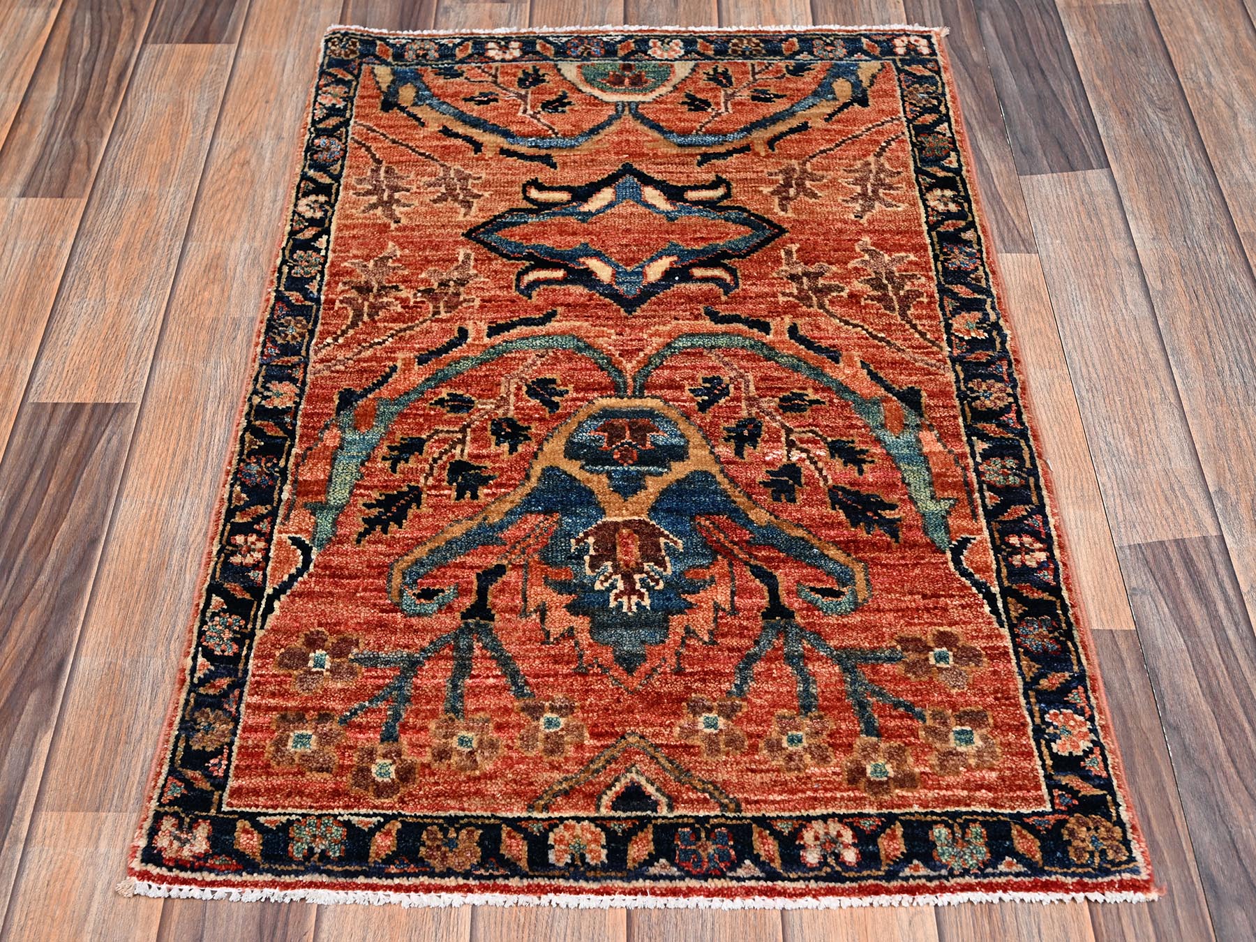 2'1"x3'1" Coral Red, Aryana Collection, Heriz All Over Design, Vegetable Dyes, Soft Pile, High Mountain Wool, Hand Knotted, Densely Woven, Sample, Mat, Oriental Rug HR2381 - Image 2