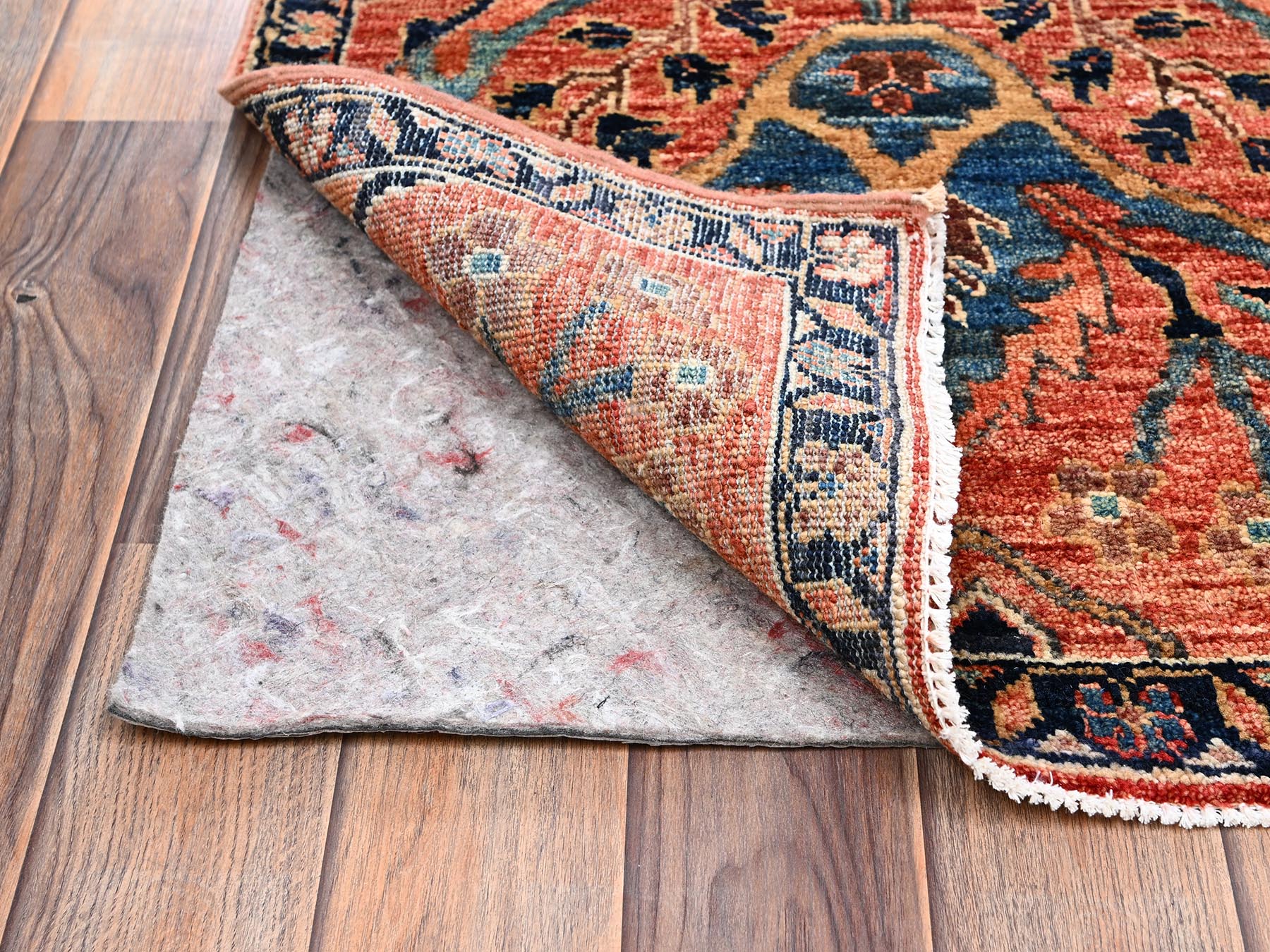 2'1"x3'1" Coral Red, Aryana Collection, Heriz All Over Design, Vegetable Dyes, Soft Pile, High Mountain Wool, Hand Knotted, Densely Woven, Sample, Mat, Oriental Rug HR2381 - Image 3
