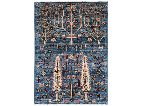 2'2"x3'4" Imperial Blue, Aryana Grade, Cypress Tree Design with Small Animal Figurines, Hand Knotted, High Mountain Wool, Vegetable Dyes, Soft Pile, Densely Woven, Mat, Sample, Oriental Rug HR2388