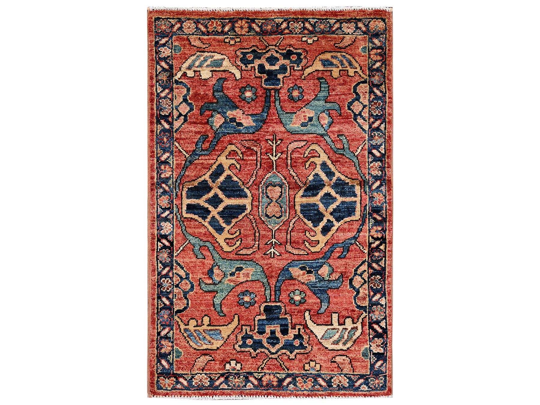 2'x3' Coral Red, Aryana Collection, Bijar Garus Design, Vegetable Dyes, High Mountain Wool, Hand Knotted, Soft Pile, Densely Woven, Mat, Sample, Oriental Rug HR2397