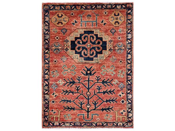 2'3"x3' Coral Red, Aryana Collection, Kazak with Small Animal Figurines, Vegetable Dyes, Soft Pile, High Mountain Wool, Hand Knotted, Densely Woven, Sample, Mat, Oriental Rug HR2401
