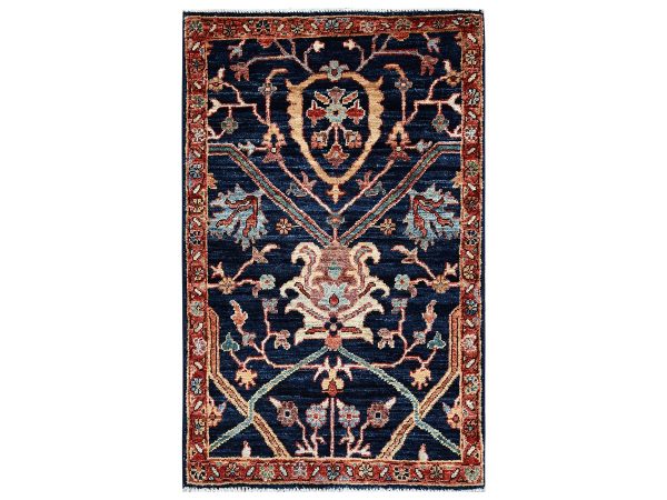 2'x3'1" Midnight Blue, Aryana Grade, Heriz All Over Design, Vegetable Dyes, Soft Pile, High Mountain Wool, Hand Knotted, Densely Woven, Sample, Mat, Oriental Rug HR2405