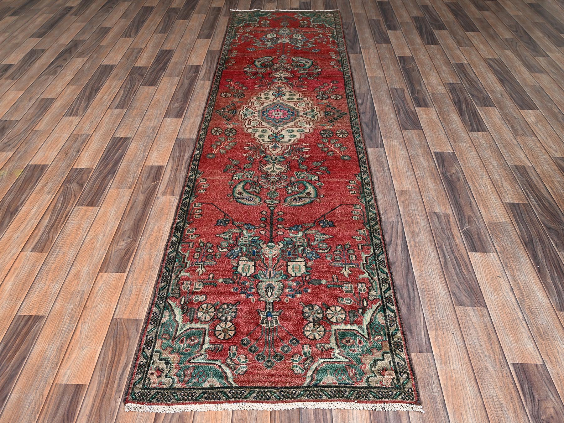 2'6"x9'6" Blush Red, Vintage Persian Lilahan with Medallion Design, 100% Wool, Hand Knotted, Cropped Thin, Worn and Distressed, Sides and Ends Professionally Secured, Runner, Oriental Rug HR2602 - Image 2