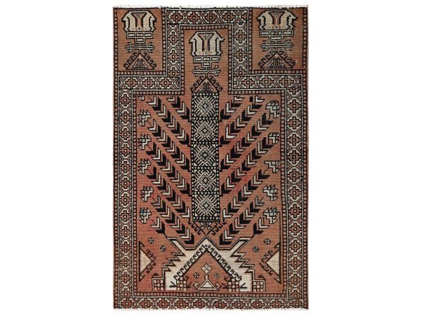 3'9"x5'9" Peach Pink, Vintage Persian Baluch with Geometric Design, Distressed and Worn Out, Sheared Low, Zero Pile, Sides and Ends Professionally Secured, Hand Knotted, 100% Wool, Oriental Rug HR2627
