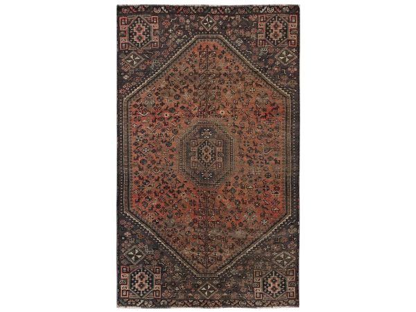 5'x8'6" Amber Brown, Vintage Persian Shiraz with Geometric Medallion, Worn and Distressed, Sheared Low, Zero Pile, Sides and Ends Professionally Secured, Hand Knotted, 100% Wool, Oriental Rug HR2629