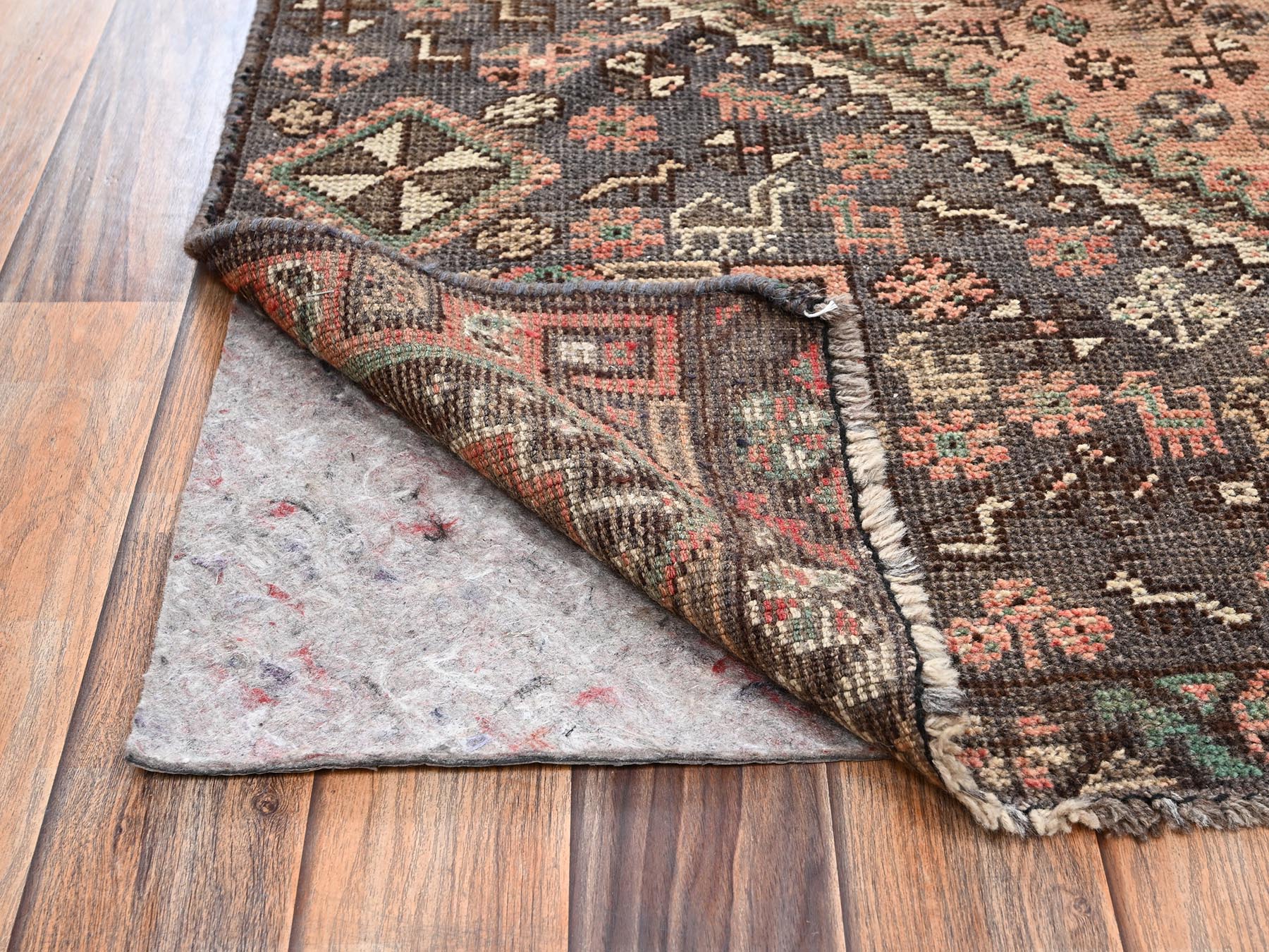 5'x8'6" Amber Brown, Vintage Persian Shiraz with Geometric Medallion, Worn and Distressed, Sheared Low, Zero Pile, Sides and Ends Professionally Secured, Hand Knotted, 100% Wool, Oriental Rug HR2629 - Image 3