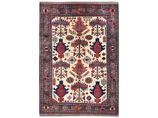5'2"x6'4" Chiffon White, Afghan Ersari with Turkish Knot, Antique Caucasian Motif, Vegetable Dyes, Densely Woven, Hand Knotted, Soft and Velvety Wool, Oriental Rug HR2663