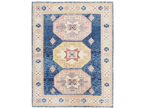 7'10"x10'2" Yale Blue, Cloudbank Kazak with Turkish Knot, Sheared Low, Zero Pile, Hand Knotted, Pure Wool, Oriental Rug HR2761