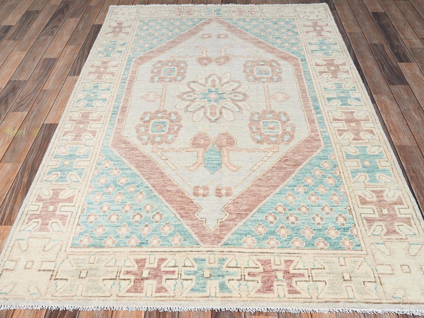 4'8"x6'10" Cerulean Blue, Anatolian Village Design, Turkish Knot, Hand Knotted, Zero Pile, Sheared Low, 100% Wool, Oriental Rug HR2785 - Image 2