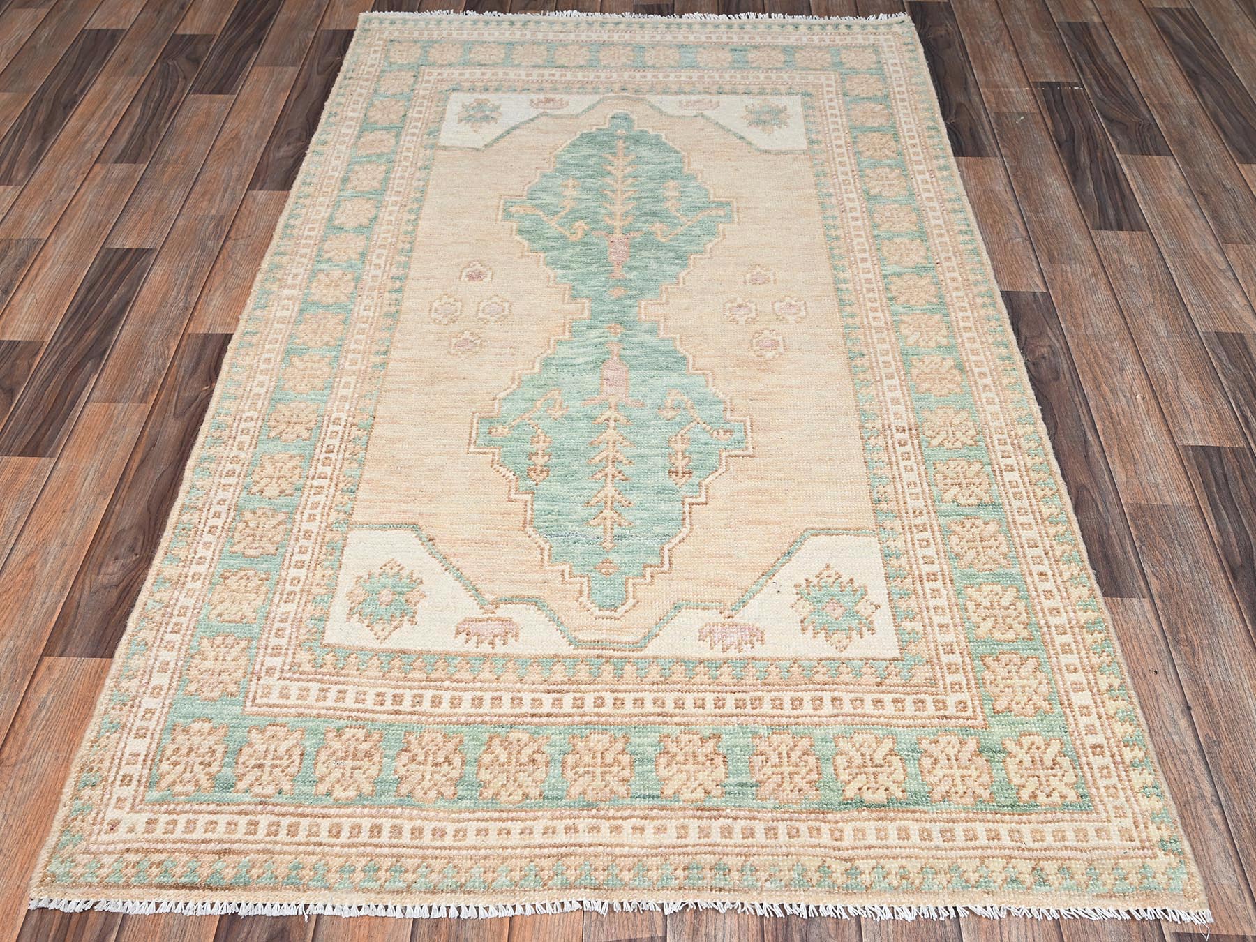 3'9"x6'3" Sand Brown, Anatolian Village Design, Turkish Knot, Hand Knotted, Zero Pile, Sheared Low, 100% Wool, Oriental Rug HR2788 - Image 2
