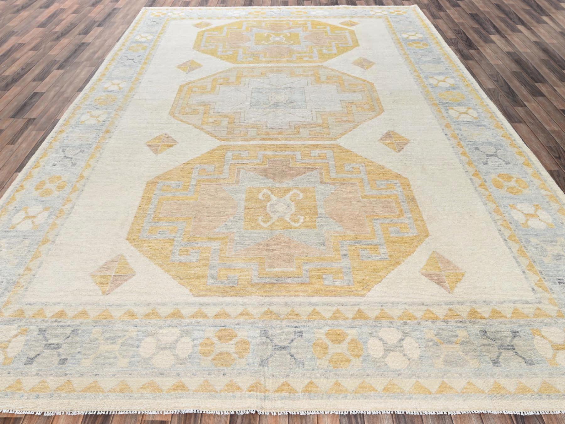 9'7"x14' Bone White, Anatolian Village Design, Turkish Knot, Zero Pile, Sheared Low, Hand Knotted, 100% Wool, Oriental Rug HR2806 - Image 2