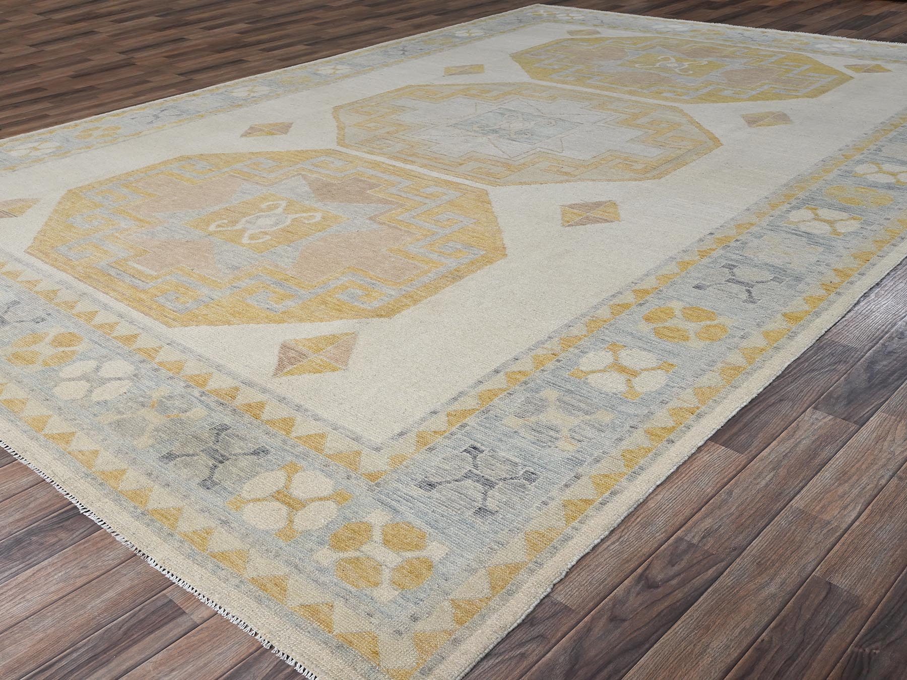 9'7"x14' Bone White, Anatolian Village Design, Turkish Knot, Zero Pile, Sheared Low, Hand Knotted, 100% Wool, Oriental Rug HR2806 - Image 3