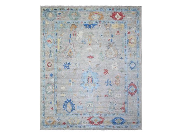 8'4"x9'8" Cloud Gray, Natural Dyes Soft Wool, Hand Knotted Afghan Angora Oushak with Colorful Motifs, Oriental Rug HR74022