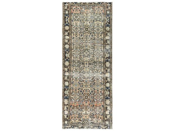 3'5"x9'2" Beige, Hand Knotted, Vintage Persian Hamadan with Fish Mahi Herat All Over Design, Clean, Distinct Abrash, Worn Down, Pure Wool Wide Runner Oriental Rug HR81883