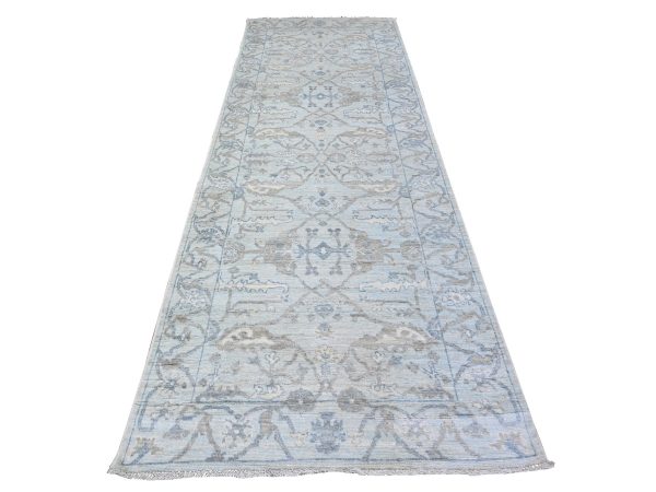 4'x11'10" Sleepy Hollow Blue, Afghan Angora Oushak All Over Pattern Shiny Wool, Hand Knotted Vegetable Dyes, Wide Runner Oriental Rug HR88529