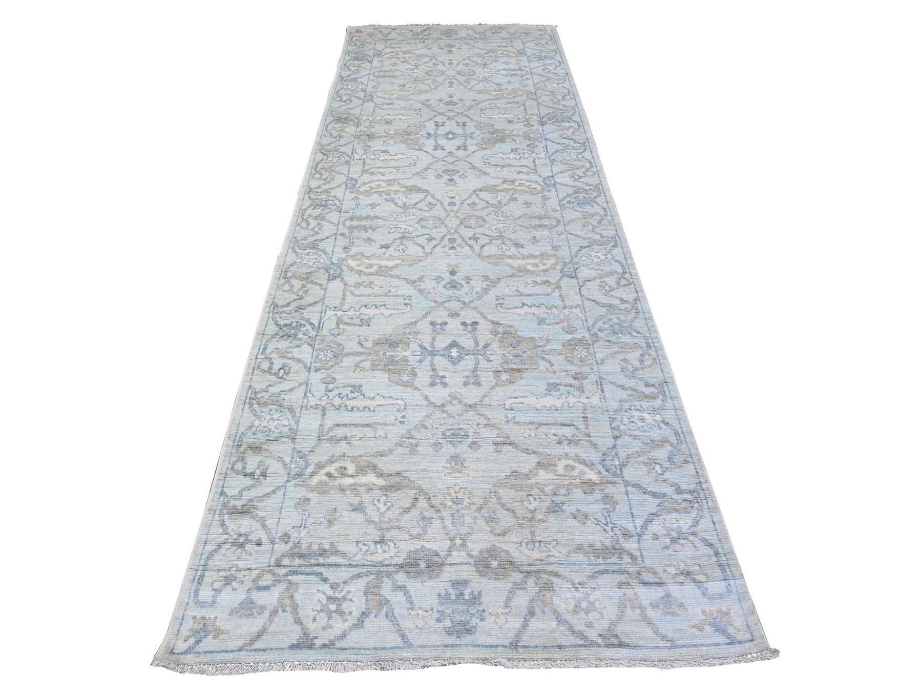 4'x11'10" Sleepy Hollow Blue, Afghan Angora Oushak All Over Pattern Shiny Wool, Hand Knotted Vegetable Dyes, Wide Runner Oriental Rug HR88529