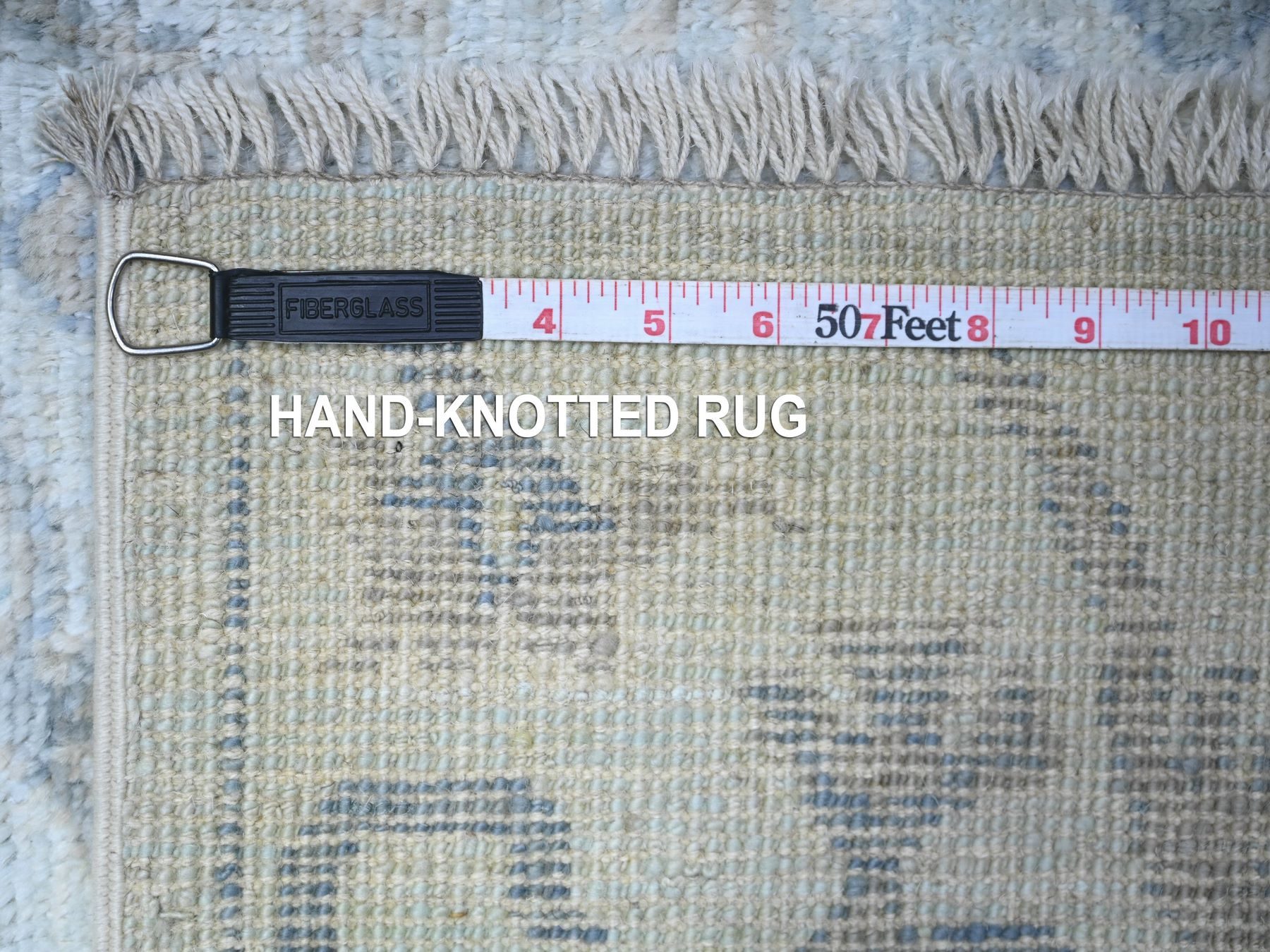 4'x11'10" Sleepy Hollow Blue, Afghan Angora Oushak All Over Pattern Shiny Wool, Hand Knotted Vegetable Dyes, Wide Runner Oriental Rug HR88529 - Image 6