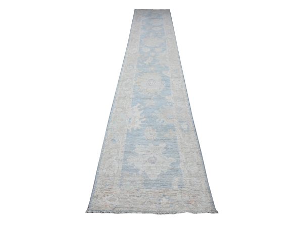 2'7"x15'3" Queen Blue, Rural Motifs All Over Design, Wool Weft, Hand Knotted, Vegetable Dyes, Afghan Angora Oushak, XL Runner Oriental Rug HR89630