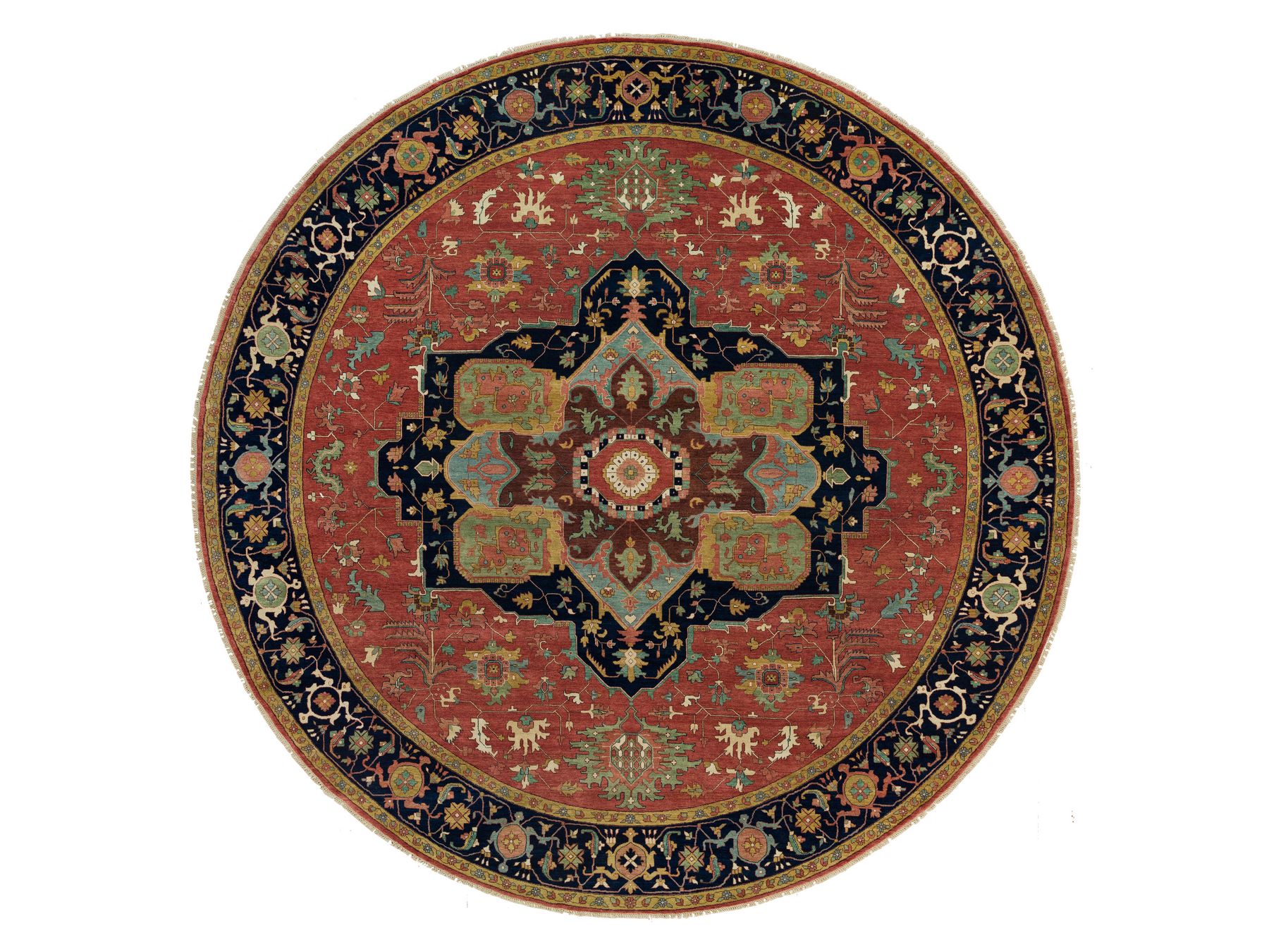 14'x14' Barn Red With Stratos Blue Border, Antiqued Extra Soft Wool Heriz With Fine Re-Creation, Hand Knotted Oriental Soft Pile Dense Weave Round Rug HR90297