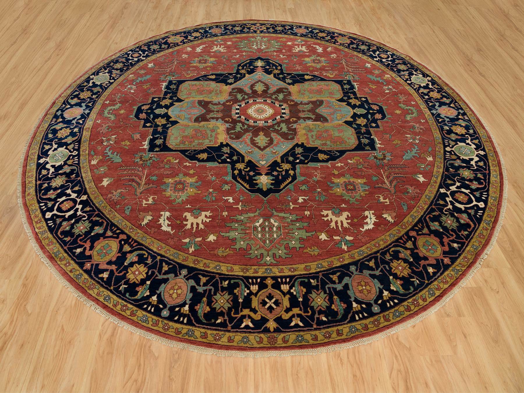 14'x14' Barn Red With Stratos Blue Border, Antiqued Extra Soft Wool Heriz With Fine Re-Creation, Hand Knotted Oriental Soft Pile Dense Weave Round Rug HR90297 - Image 2