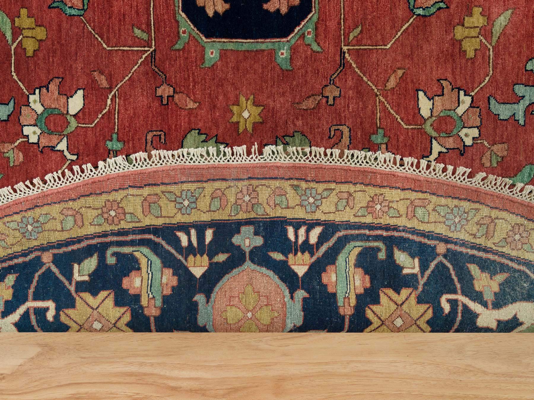 14'x14' Barn Red With Stratos Blue Border, Antiqued Extra Soft Wool Heriz With Fine Re-Creation, Hand Knotted Oriental Soft Pile Dense Weave Round Rug HR90297 - Image 3