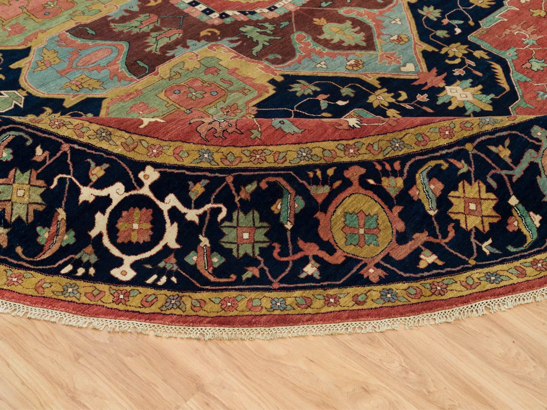 14'x14' Barn Red With Stratos Blue Border, Antiqued Extra Soft Wool Heriz With Fine Re-Creation, Hand Knotted Oriental Soft Pile Dense Weave Round Rug HR90297 - Image 5