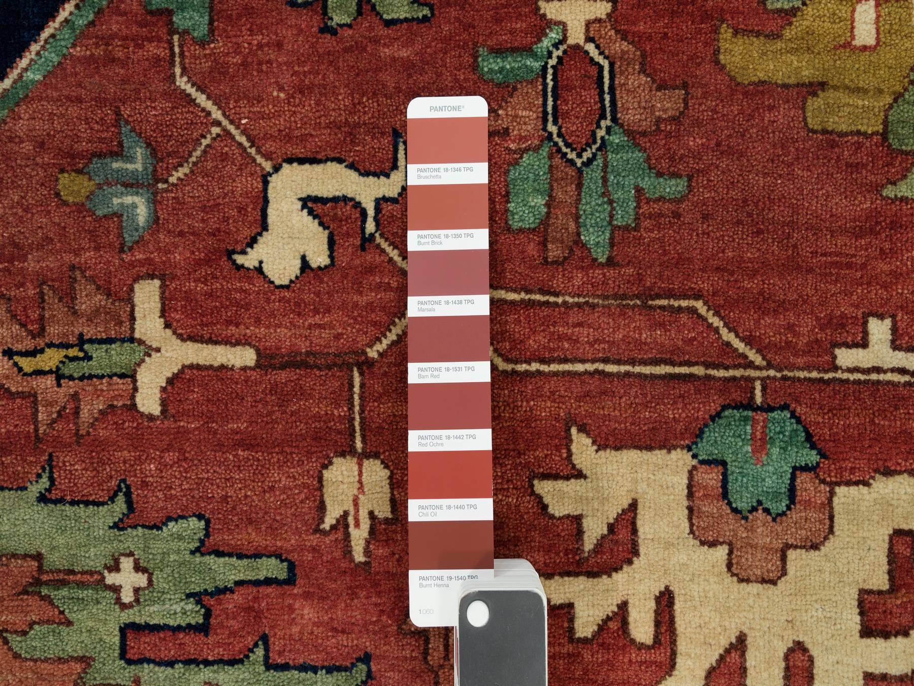 14'x14' Barn Red With Stratos Blue Border, Antiqued Extra Soft Wool Heriz With Fine Re-Creation, Hand Knotted Oriental Soft Pile Dense Weave Round Rug HR90297 - Image 6