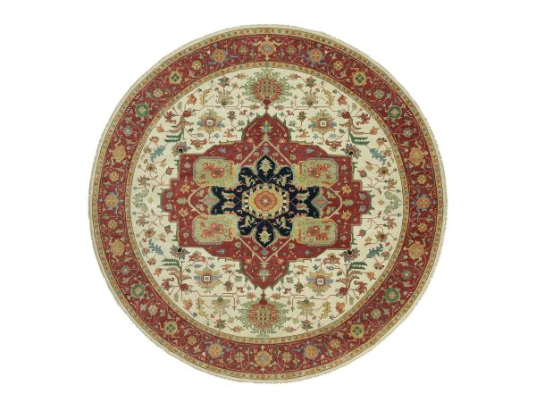 14'x14' Chiffon White and Oxide Red, Antiqued Fine Heriz Re-Creation With Center Motif, Soft Wool Pile Denser Weave, Hand Knotted Plush and Lush, Round Pure Wool Oriental Rug HR90661