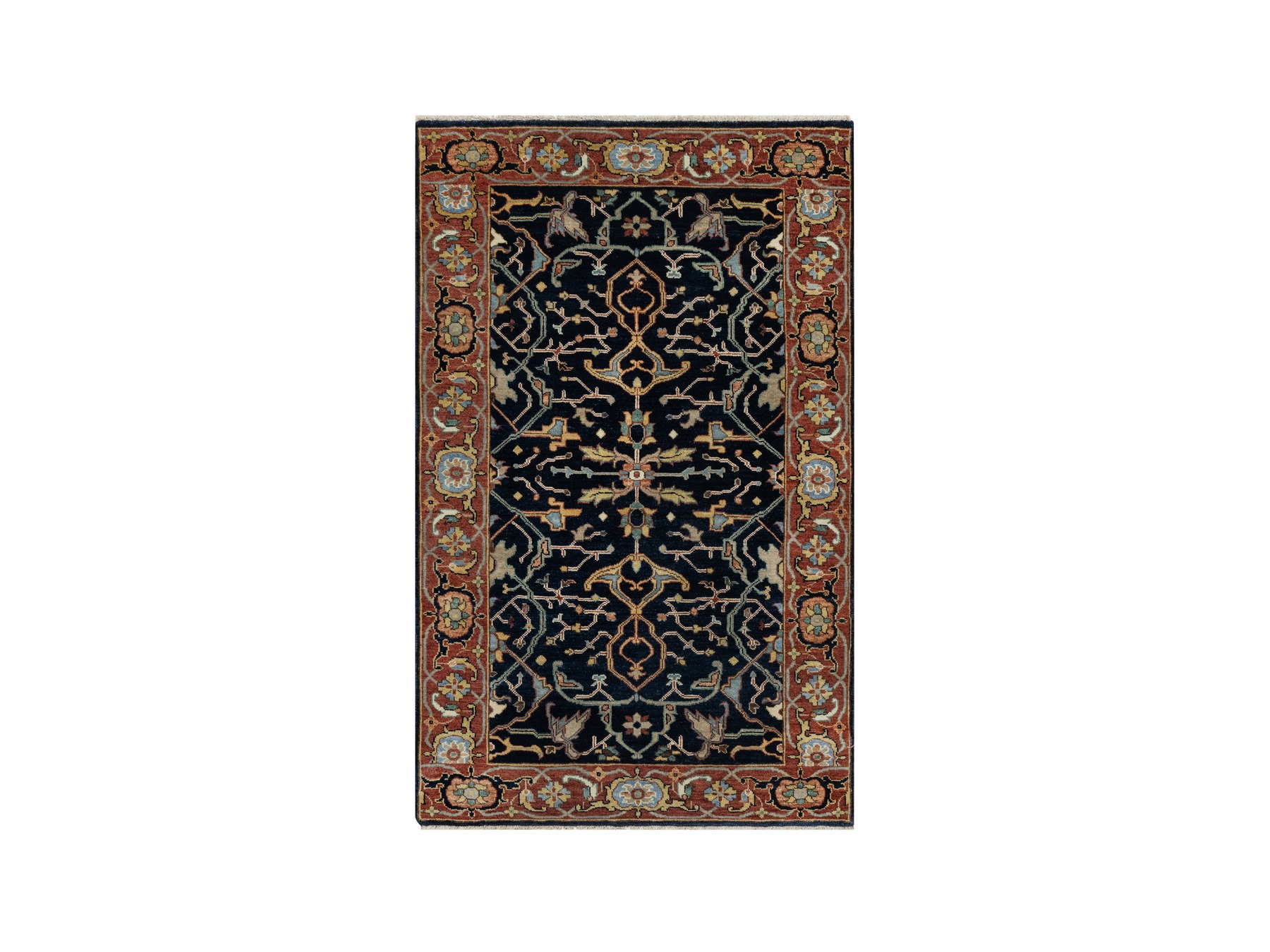 3'1"x5'2" Midnight Blue, All Over Vines Design, Lush and Plush, Organic Wool, Densely Woven, Antiqued Fine Heriz, Re-Creation, Hand Knotted Oriental Rug HR91101