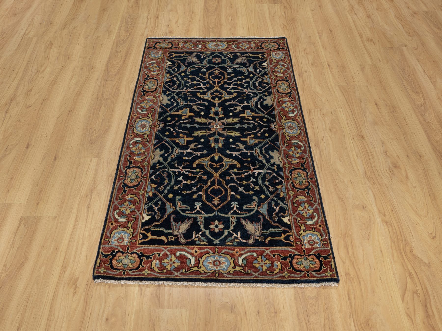 3'1"x5'2" Midnight Blue, All Over Vines Design, Lush and Plush, Organic Wool, Densely Woven, Antiqued Fine Heriz, Re-Creation, Hand Knotted Oriental Rug HR91101 - Image 2