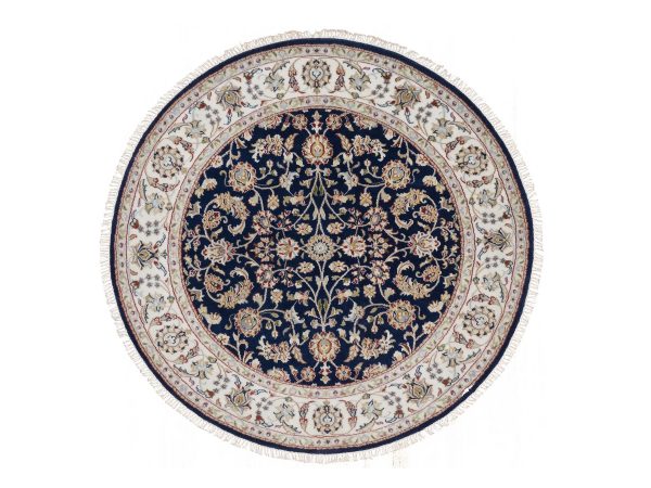 5'1"x5'1" Caviar Blue, Nain with All Over Floral Pattern, Wool and Silk, 250 KPSI, Soft Pile, Hand Knotted, Round, Oriental Rug HR91556