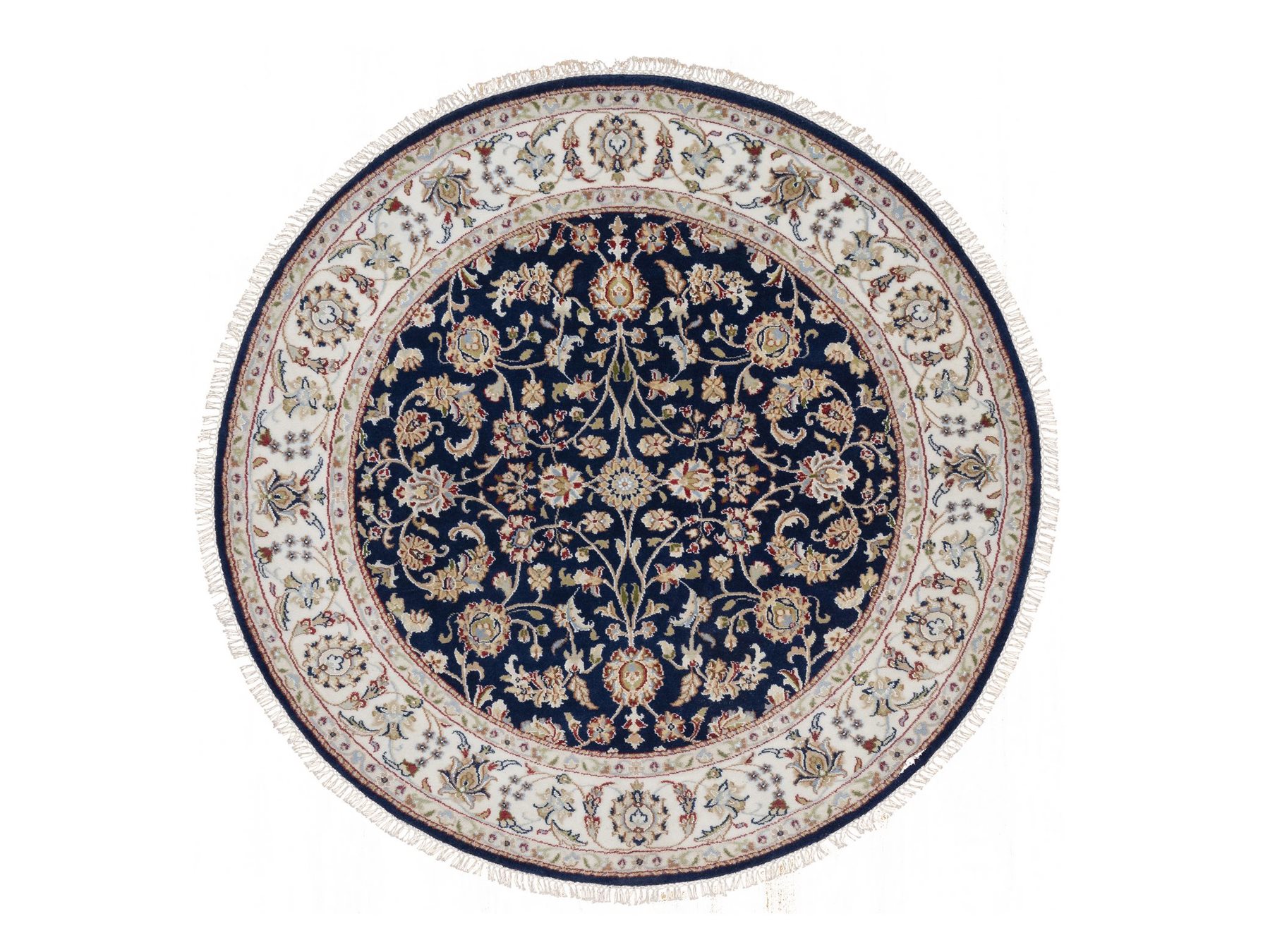 5'1"x5'1" Caviar Blue, Nain with All Over Floral Pattern, Wool and Silk, 250 KPSI, Soft Pile, Hand Knotted, Round, Oriental Rug HR91556